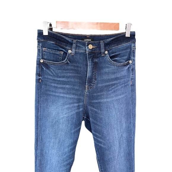 Express - High Waisted Medium Wash Raw Hem Skinny Jeans Sz 8L - Picture 5 of 10